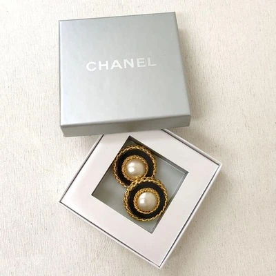 Chanel Kunstperlen Ohrringe Gold Schwarz Clip-On Made in France 4 cm x 4 cm... - Bild 1 von 4