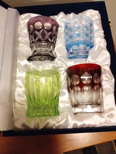 Faberge Cut Crystal Overlay Na Zdorovye Vodka Shot Glasses Colored Set of 4 - Picture 1 of 16