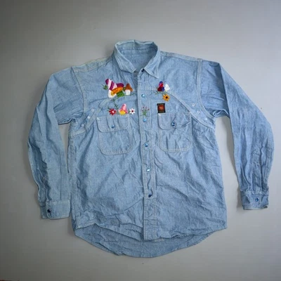 Vintage El Cisne Embroidered Denim Shirt Pearl Snap Medium Mexican Mushrooms - Image 1 of 4