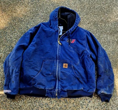 Mens Carhartt 376-20 Navy Blue Full Zip Hooded Work Coat Size 2XL Distressed  - Image 1 of 4