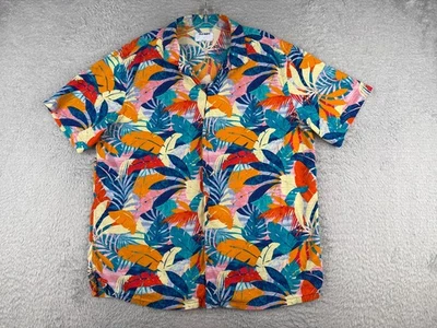 Camisa Old Navy Hombre Grande Azul Naranja Hoja de Palma Abotonada Mezcla de Algodón Hawaiana Foto 1 de 4