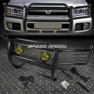 PROTECTOR REJILLA CEPILLO NEGRO + LUZ ANTINIEBLA ÁMBAR REDONDA PARA 96-04 NISSAN PATHFINDER R50 Foto 1 de 4