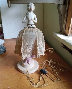 1920s FULPER POTTERY ART DECO TWO PC BOUDOIR LAMP WITH LACE DRESS WORKS GOOD - Picture 1 of 12