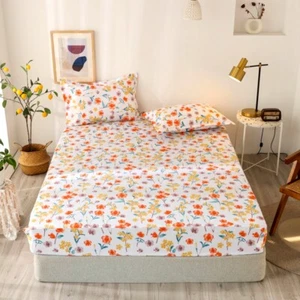 Cute Bright Flowers Fitted Sheet Set Cotton Bed Sheet Pillowcase Full Queen King - Picture 1 of 9
