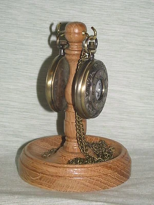DOUBLE POCKET WATCH STAND OAK WOOD HANGER DISPLAY WOODEN HOLDER UNIQUE - Image 1 of 4