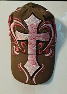 M&F  Western Products Hat  Strapback Baseball Cap Brown & Pink Cross - Picture 1 of 6