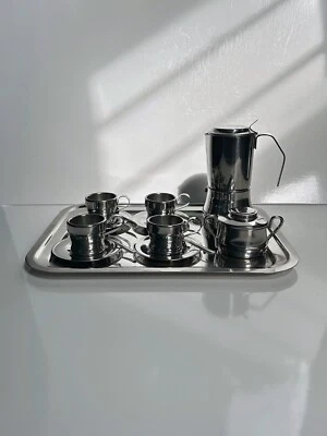 Inox Edelstahl Espresso Set Tasse Kanne Tablett Espressokocher Metall Italien - Bild 1 von 4