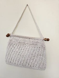 Mister Simon Ernest Italy White Crochet Boho Purse w/Brown Wood Vintage Beach - Picture 1 of 11