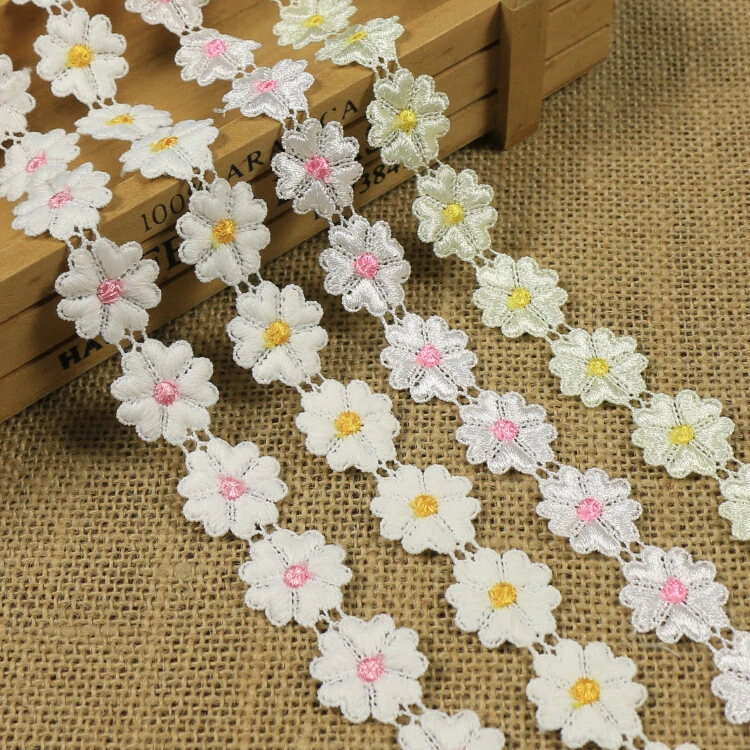 5 Heart Petal Lace Trim 100% milk silk  1 inch Wide White with color Center - Image 1 of 4