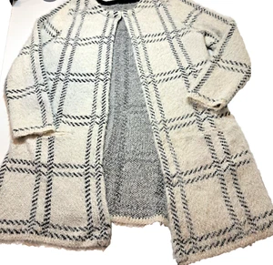 Oversize offene Strickjacke Pullover Damen M große Taschen 90er elfenbein schwarz kariert - Bild 1 von 6