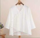 Women White Chinese Wrap Tops Blouse Linen Cotton V Neck Slant Shirt Casual US
