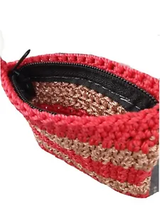 Women Handmade Crochet Shoulder Bag Mini-Purse RedGold Crossbody Zipper Knit Bag - Picture 1 of 6