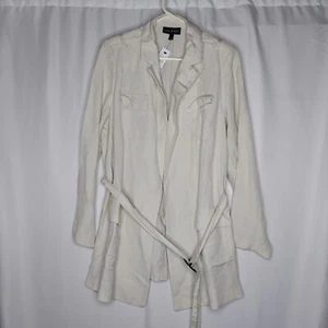 Lane Bryant Linen Cardigan Jacket 16 Cream Woven Belt Collar Pocket Long Sleeve - Picture 1 of 11