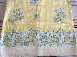 Vintage Baby Receiving Blanket Yellow Checkered with Polka Dot Bears & Daisies - Picture 1 of 10