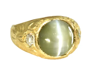 GIA Certified 13.42 ct. Chrysoberyl Cat's Eye 18k Gold Hand Engraved Gypsy Ring - Picture 1 of 16