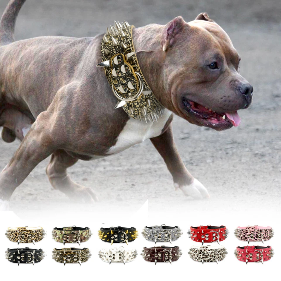 5cm Large Collier Gros Chien Cuir avec Pointes Clouté Réglable Pitbull Noir S-XL - Photo 1/4