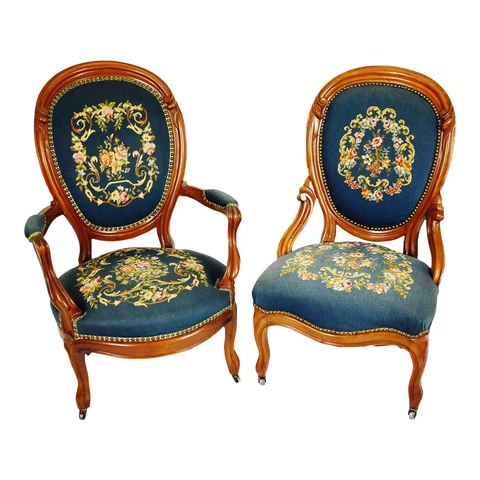 Antique Victorian Needlepoint Parlor Chairs - A Pair Cover