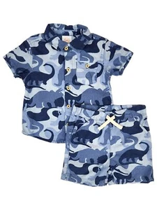 Infant Boys Blue Camo Dinosaur Shirt & Shorts Lounge Wear Outfit Set - Picture 1 of 2