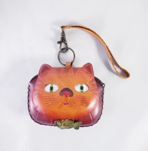 Hand Made Tooled Leather Cat w/ Hanging Fish Wristlet Coin Purse - Picture 1 of 6