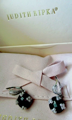 Judith Ripka Sterling Silver 18K Gold Blue Sapphire Pierced Earrings JR Pink Box - Image 1 of 4