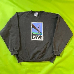 Sudadera Grande Negra Vintage Años 90 Hanes Cuello Redondo Desteñida Golden Gate Bridge - Imagen 1 de 5