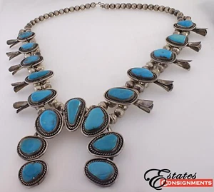 Indianer Türkis Chrysokoll Kürbisblüte Silber Halskette - Bild 1 von 5