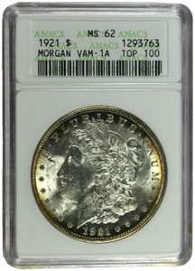 1921 ANACS MS62 Top 100 VAM-1A (Now 41B) Pitted Rev Morgan Dollar-Old Hldr-Toned - Picture 1 of 3