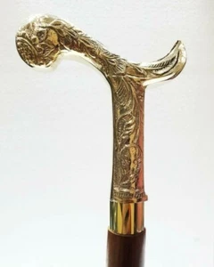 Antique Royal Victorian Golden Brass Wooden Walking Cane Stick Style Handmade   - Picture 1 of 4