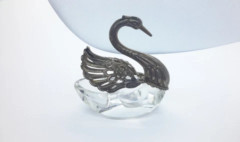 Antique Sterling Crystal Swan Open Salt Cellar Articulating wings. Raimond Cover