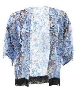 Damen-Cardi-Oberteil Chiffon offenes Cardi blau weiß schwarz Quastensaum Übergröße Cardi - Bild 1 von 2