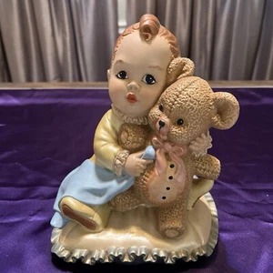 Vintage 1987 Atlantic Mold Ceramic Baby With Teddy Bear Hand Painted Decor - Picture 1 of 14