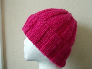 Hand knitted cozy and warm 100% wool hat, Peony (hot pink) - Picture 1 of 5