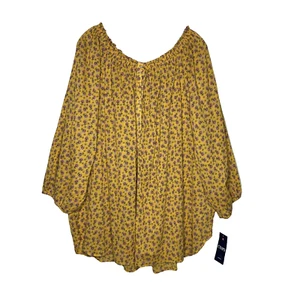 Chaps gesmokter Ausschnitt Gaze Blumen Top Damen 3X gelb rot 1/2 Knopf Boho Bauern - Bild 1 von 18