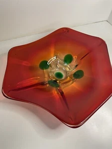 Vintage Murano Glass Bowl Star Flower Console Dish Red Orange Green Dot  13” - Picture 1 of 17