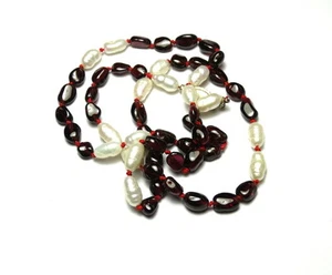 Vintage Natural GARNET PEARL Bead Strand Sterling Silver Clasp Necklace 20" - Picture 1 of 5