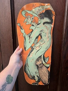 Ext. Rare 1950s Biestle Die Cut Witch Broom Cat Paper Cut Out Decoration READ - Picture 1 of 12