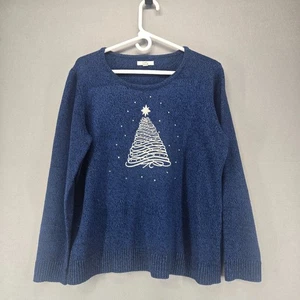 Croft & Barrow Pull de Noël Femme, Bleu avec Sapin Métallisé Argenté, XL - Photo 1/3