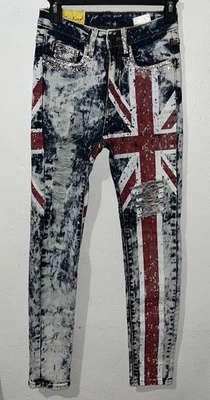 MACHINE Union Jack Flag Distressed Denim JEANS Rhinestone Bling Unisex Jeans 26 - Image 1 of 4