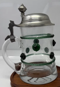 Clear Theresienthal Clear Beer Stein With Green Glass Prunts 7" Tall Clean - Picture 1 of 17