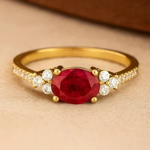 Oval Ruby & Diamond Engagement Ring 14k Solid Gold July Birthstone # 1064 - Picture 1 of 19