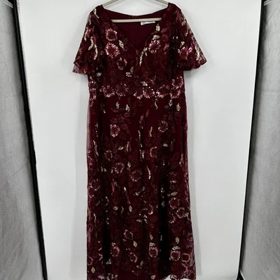 Vestido Mac Duggal Para Mujer 22W Borgoña Lentejuelas Floral Malla Maxi Vestido Manga Acampada Foto 1 de 4