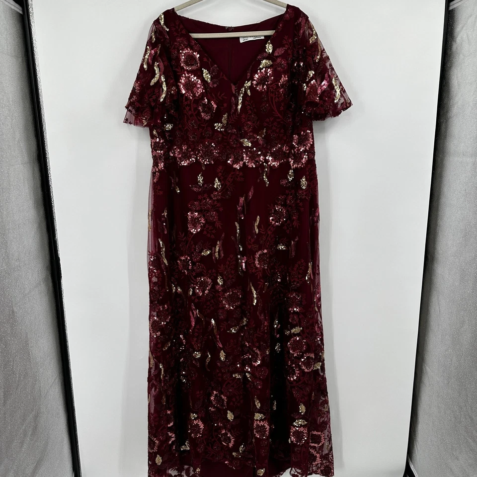 Mac Duggal Dress Womens 22W Burgundy Sequin Floral Mesh Maxi Gown Flutter Sleeve - Image 1 of 4