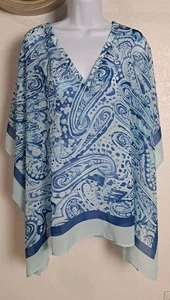 Chico's Square Sheer Poncho Kimono Cover Up L/XL Blue Paisley Boho Art To Wear - Picture 1 of 7