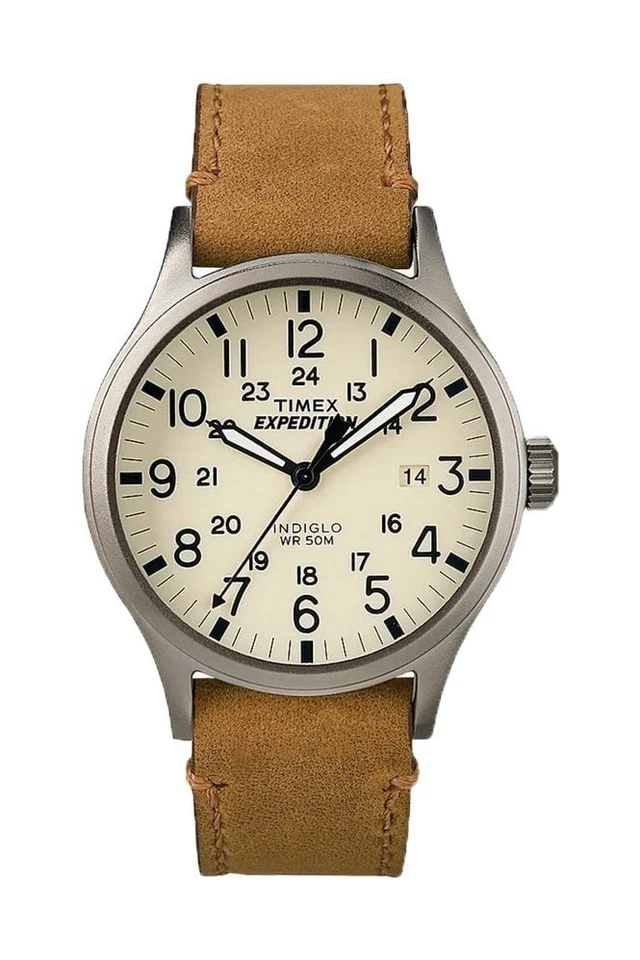 Timex TWC001200 Men's Brown Leather Analog Beige Dial Quartz Genuine Watch D28