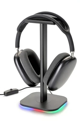 Soporte para auriculares RGB para juegos - Moderno soporte para auriculares de aluminio para escritorio negro Foto 1 de 4