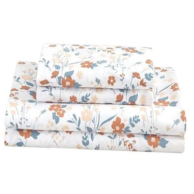  Juego de Sábanas Florales Estampadas - 4 Piezas Suave Queen Naranja Flor Foto 1 de 4