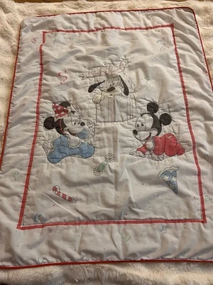 Vintage  Disney Baby Mickey Minnie Pluto Crib Blanket Quilt Comforter Party - Image 1 of 4