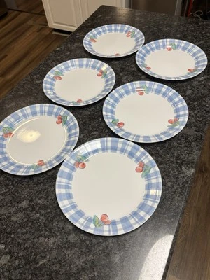 6 Coring Corelle ~Fruit Mix & Match~ 10 1/4” Dinner Plates Blue plaid cherry - Image 1 of 3