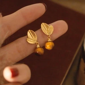 Solid S925 Sterling Silver Gold Leaf Tiger's Eye Drop Stud Earrings Vintage - Picture 1 of 6