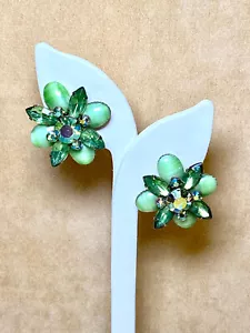 Large Unsigned Judy Lee Opaque Green Stone Earrings w/ Green Rhinestone Accents - Picture 1 of 7